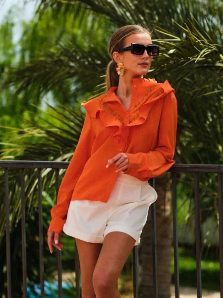 Cămașă cu Volane și Inserții de Dantelă Eletoma portocalie
