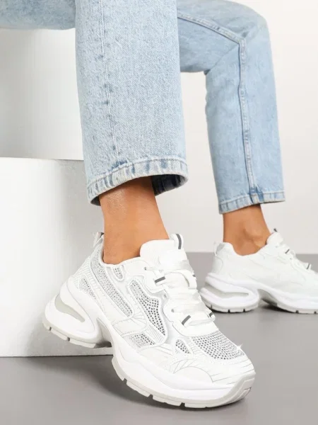 Brokatowe Sneakersy w Streetwearowym Stylu na Piankowej Podeszwie Felindris białe
