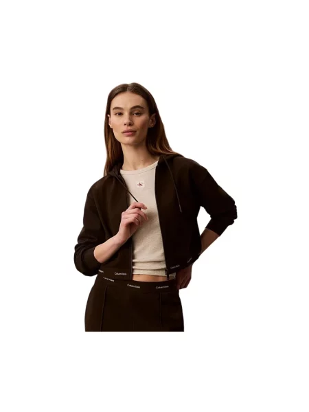 Bluza z kapturem Calvin Klein Jeans z kapturem z logo brązowa