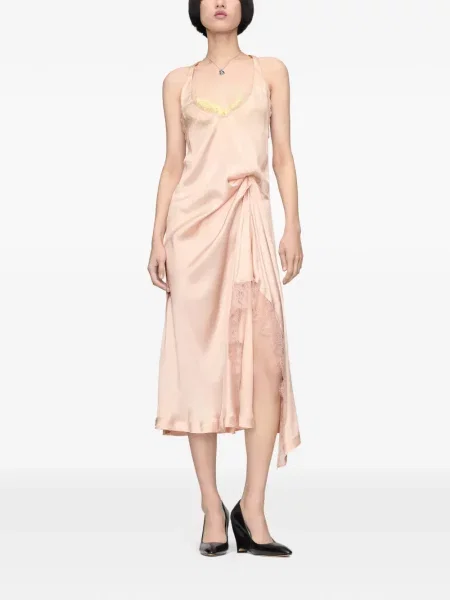 Rochie midi Maison Margiela asimetrică din dantelă roz