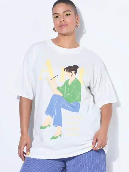 T-shirt oversize motyw kobiety biała