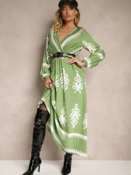 Kopertowa Sukienka z Wiskozą w Etniczny Wzór z Gumką i w Talii Tifissa zielona