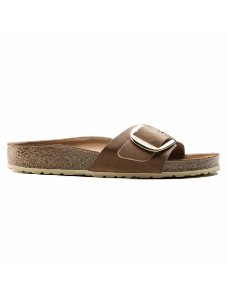 Klapki Birkenstock skórzane na sprzączkę na płaskim obcasie brązowe
