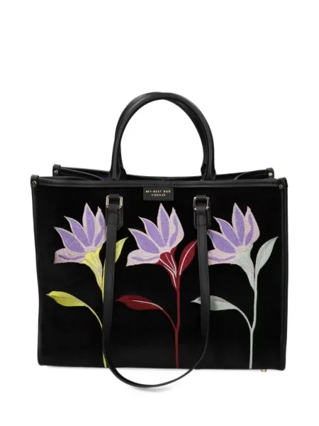 Geantă shopper My Best Bag de catifea cu model floral negru