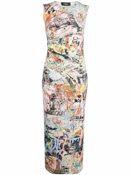 Rochie midi Dsquared2 cu imagine cu imprimeu abstract până la genunchi alb
