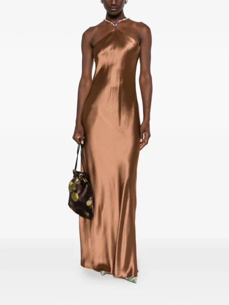 Rochie maxi Staud din satin cu mărgele cu bretele maro