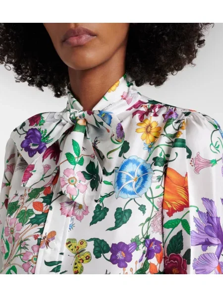 Cămașă Gucci de mătase cu model floral cu legături alb