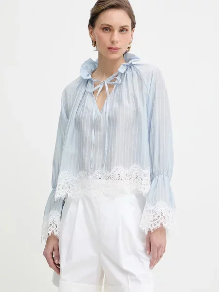 Haveone bluză cu volane femei cu lyocell albastru