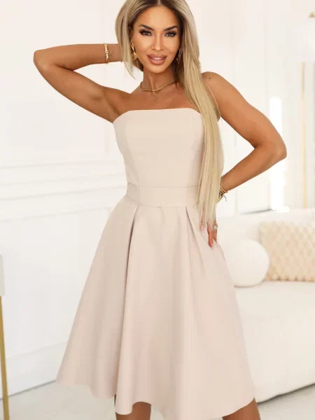 Sukienka midi Numoco z gorsetem dzwony garniturowa beżowa