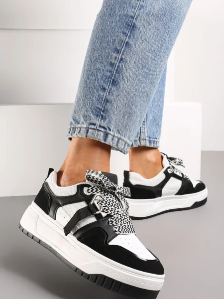 Sneakerși Alb-Negru cu Platformă Joasă și Pandantiv cu Șireturi Decorative Salam alb