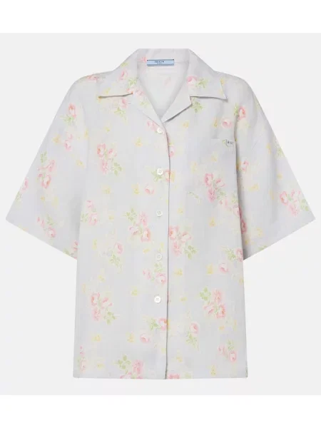 Cămașă Prada de in cu model floral albastru