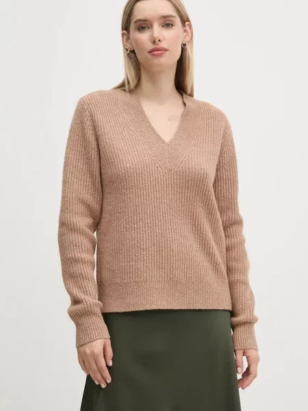 Пуловер с вълна Calvin Klein дамски бежово