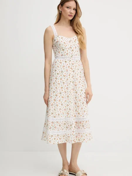 Weekend Max Mara sukienka jedwabna midi rozkloszowana beżowy