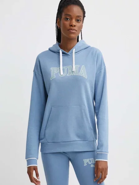 Меланжов суичър с качулка Puma с качулка с принт синьо