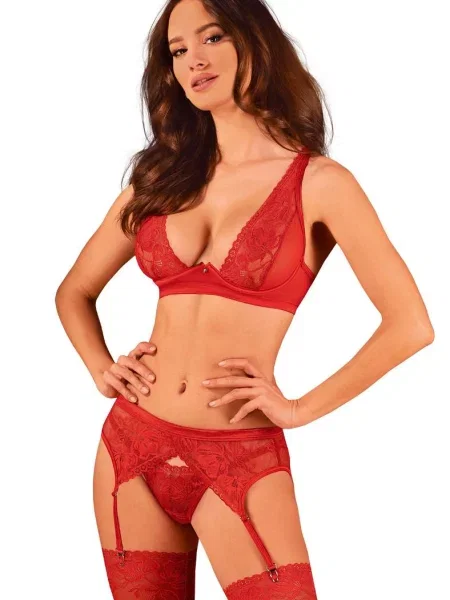 Кружевной комплект тройка: бюстгальтер для чулок и трусики стринг Комплект_Obsessive_Lacelove_set червоні