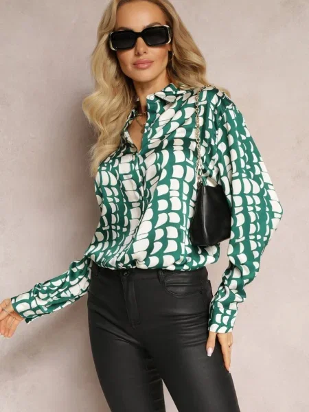 Ciemnozielona Koszula w Abstrakcyjny Geometryczny Wzór Nareena zielona