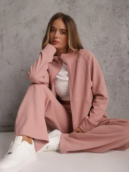 Set de trening cu pantaloni Wide Leg și bluză cu cu guler tip tunică Milia roz