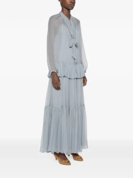 Rochie maxi Chloé de mătase cu volane albastru