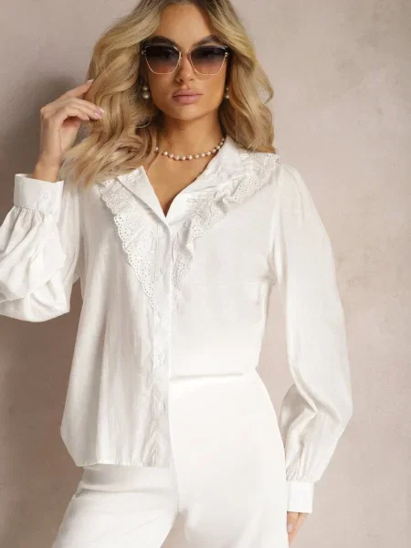 Cămașă cu și Guler Înalt Decorată cu Dantelă Olimpia albă