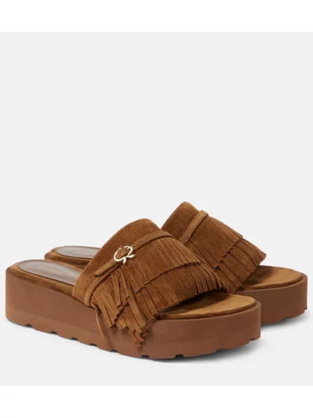 Semišové sandály Gianvito Rossi s třásněmi béžové