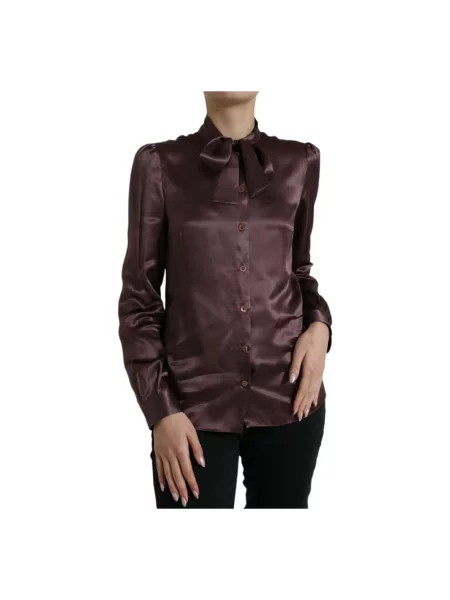 Jedwabna koszula Dolce And Gabbana z kokardką brązowa