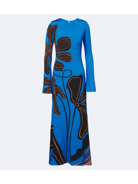 Rochie maxi Cala De La Cruz din satin cu model floral albastru