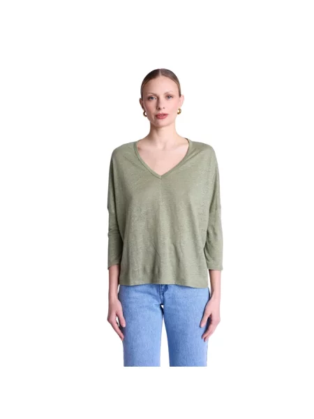 Lniany top Berenice z dekoltem w serek zielony