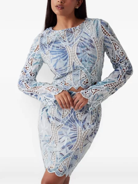 Lung top Guess din dantelă albastru