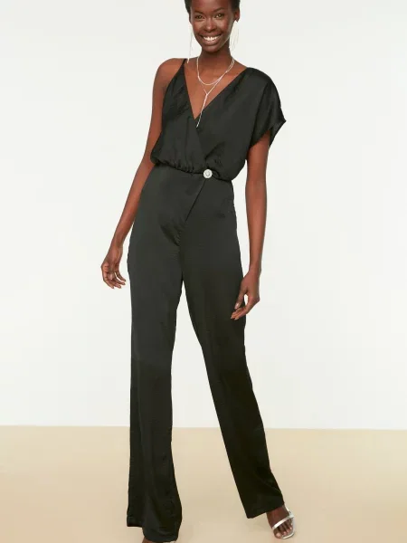 Salopetă Trendyol din satin cu strasuri negru