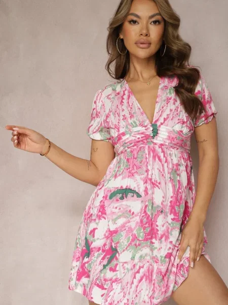 Fuksjowa Sukienka o Rozkloszowanym Fasonie Zwężana pod Biustem Nellama różowa