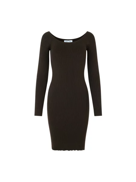 Mała sukienka mini Samsoe Samsoe z dekoltem w serek żakardowa brązowa