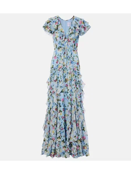 Rochie Carolina Herrera de mătase cu model floral cu volane albastru