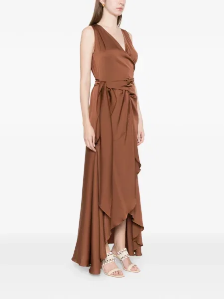 Sukienka Silk95five z dekoltem w serek drapowana garniturowa brązowa