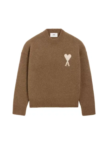Sweter Ami Paris z okrągłym dekoltem brązowy