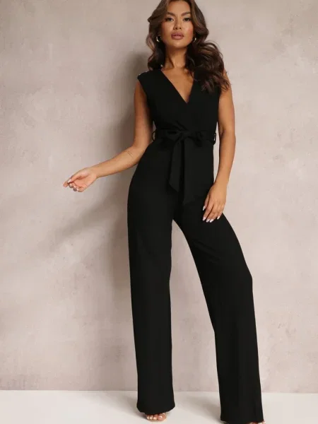 Salopetă lungă cu legătură în talie și pe umeri Amile neagră