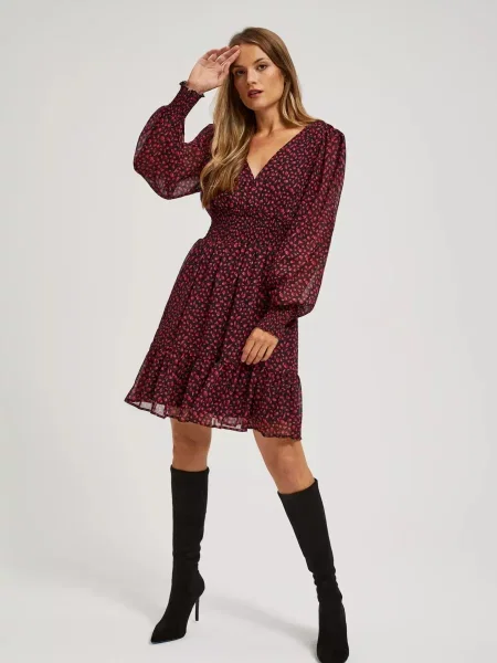 Rochie Marisse cu decolteu în V cu mâneci bufante negru