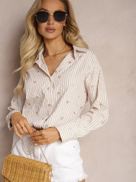 Camasa Deschis din cu Model in Dungi Subtiri si Inimioare Vatille bej