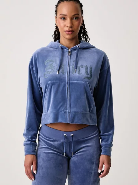Juicy Couture hanorac cu și glugă pentru femei din velur OLD GOTHIC ICCLE albastru