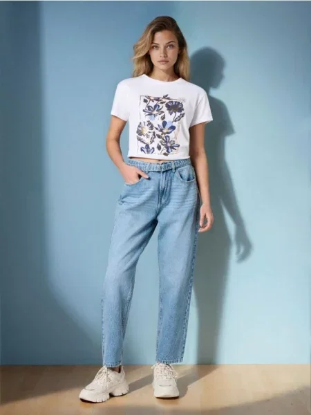 Mom fit джинси з ефектом прання синій