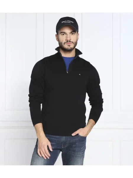 Tommy Hilfiger Pulover ZIP MOCK cu adaos de cașmir negru