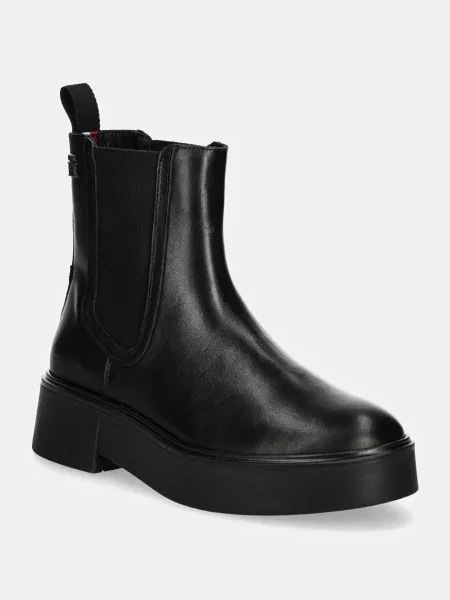 Кожени боти челси Tommy Hilfiger MINIMAL LEATHER CHELSEA LOGOTAPE с равна подметка черно