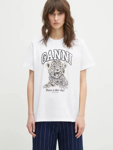 GANNI tricou din Basic Jersey Leopard Relaxed femei alb