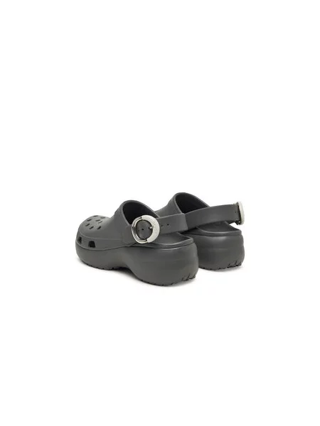Klasické pantofle Crocs na platformě s přezkou šedé