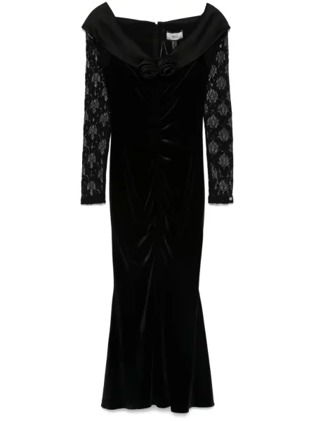 Rochie midi Nissa de catifea cu model floral până la genunchi negru