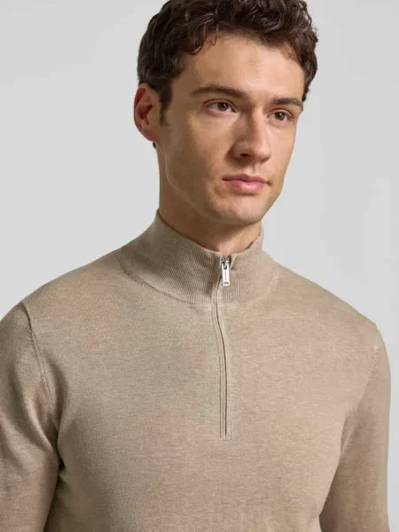 Sweter o kroju slim fit dzianiny z dodatkiem jedwabiu i zamkiem błyskawicznym Profuomo beżowy