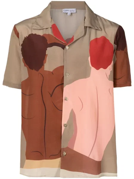 Hedvábná košile Amir Slama s potiskem hnědá