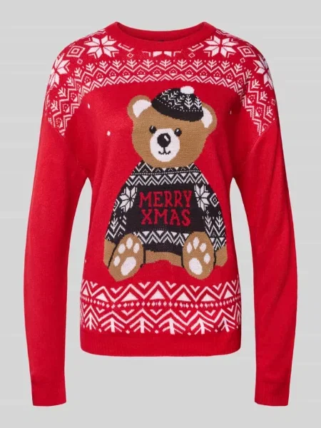 Sweter o kroju regular fit z dzianiny z motywem świątecznym model ‘TEDDY’ Only czerwony
