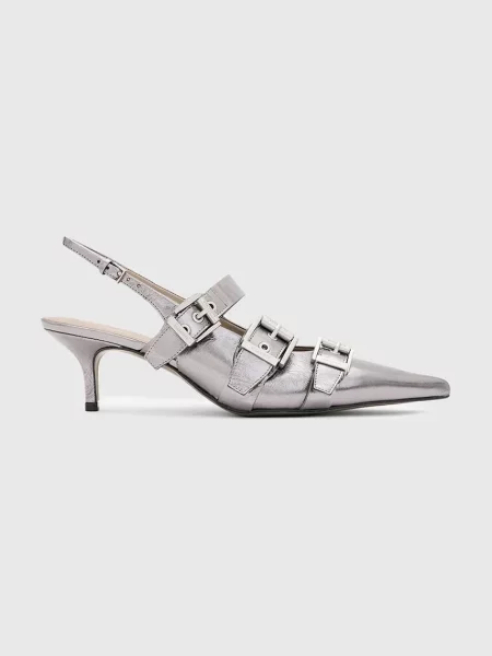 Кожени обувки с тънък AllSaints Grace Buckle Heel сребристо