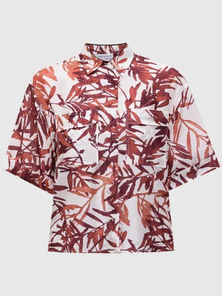 Блуза із шовку в принт з ланцюжком моніль Brunello Cucinelli бордова