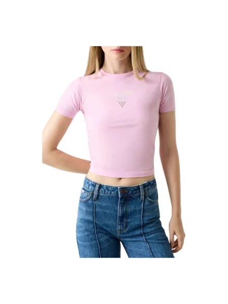 Koszulka z logo i okrągłym dekoltem Guess Jeans różowa